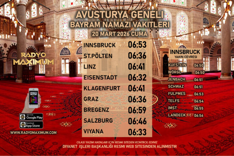 Avusturya Geneli Ramazan Bayrami Namaz Vakitleri 2026